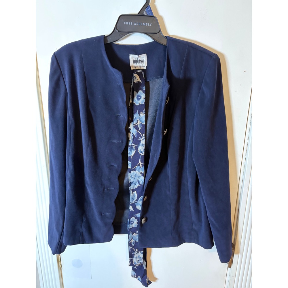 Vintage Leslie Fay Navy Blue Scalloped Blazer Jacket Silver Buttons Scarf Size 8